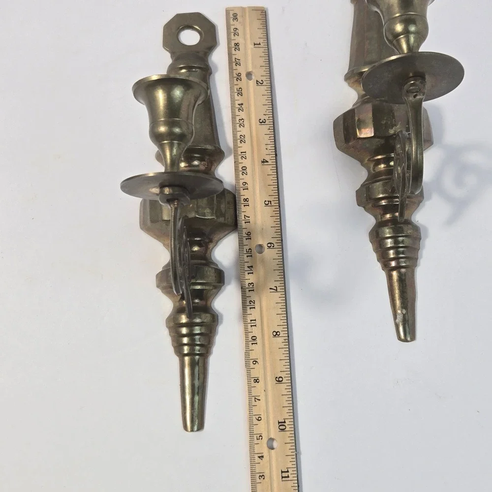 Vintage Solid Brass Wall Sconce Candle Holders Set of 2 Ornate Scroll Arm 10.5